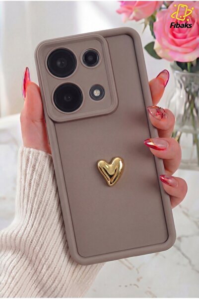 Fibaks Redmi Note 13 Pro 4G Kılıf 3D Kalp Tasarımlı Kahverengi Desenli Yumuşa...