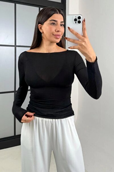 Gaus Bluză neagră transparentă texturată din cașmir echivalent cu decolteu ti...