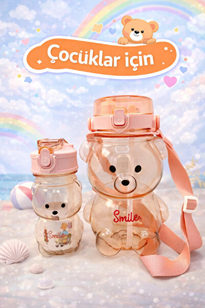 Berdina Home 2Adet Şeffaf Smile Ayıcık Su Matarası 1000+400ml Çocuk Su Şişesi...