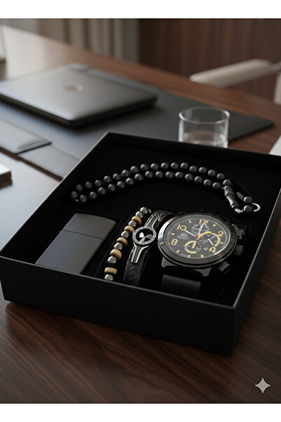 BURUCRAFT Erkek Kol Saati İki Adet Bileklik Tesbih ve Çakmak