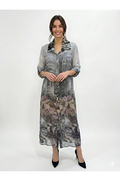 della moor Rochie cămașă din mătase căptușită cu mâneci 3/4 cu model floral i...