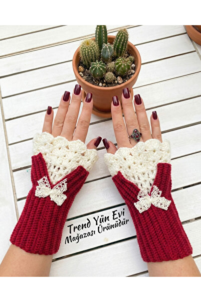 TrendYünEvi قفازات محبوكة يدويًا بدون أصابع (لون تفاحي) (S-M-L) محبوكة بخيوط ...
