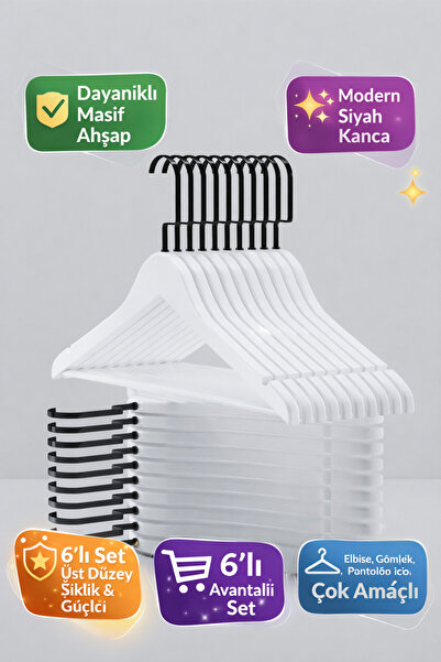 Onouqo Ahşap Elbise Askısı 6’li Set –Ultra Lüks Premium Beyaz Ahşap Gömlek ve...