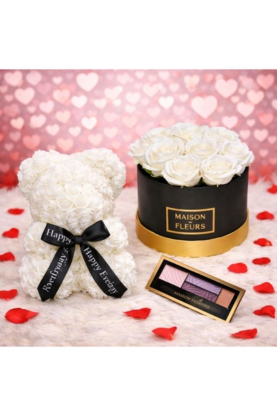 velve Aranjament floral cutie rotunda neagra cu trandafiri albi de sapun, Urs...