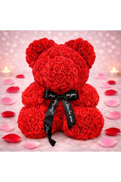velve Red floral teddy bear made of Roses 40 cm, hand decorated, gift box, Red