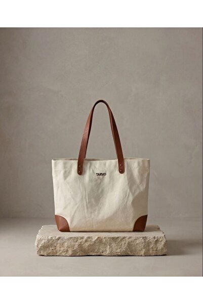 TARVO Deri Detaylı Kanvas Omuz Çantası - İç Cepli ve Çıtçıtlı Büyük Boy Tote Bag
