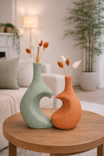 Momiko 2’li Dokulu Love Renkli Vazo Seti Beton – El Yapımı Modern Dekoratif K...