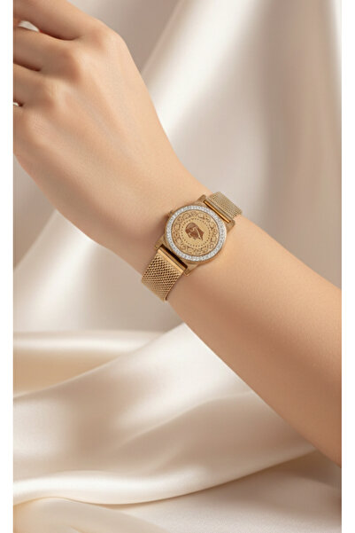 Çelik Çelik Gold Kadın Hasır Model Zirkon Taşlı Çeyrek Bileklik