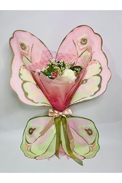 Lion Moon Flowers Kelebek Tasarımlı Yapay Çiçek Buketi – Pembe Özel Tasarım D...