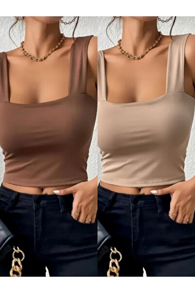 Olyssia Pachet de decolteu pătrat topuri crop maro și nurcă pentru femei, cu ...