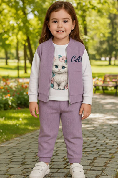 tny kids collection Pamuklu Waffle Kumaş Baskılı 3'lü Kız Çocuk Takım