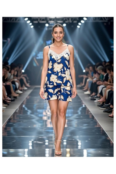 Aydoğan Set pantaloni scurți cu guler din dantelă pentru femei 100% viscoză 2...