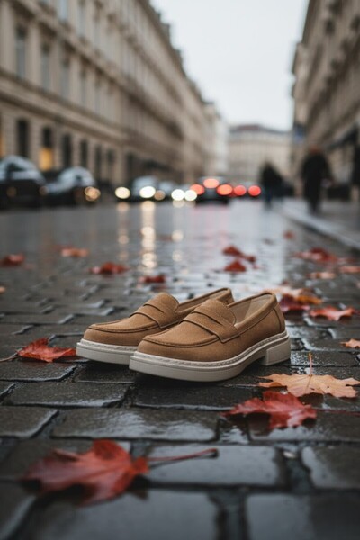 Noliva حذاء نسائي من الجلد السويدي باللون البني الفاتح، حذاء يومي بنعل مسطح ل...