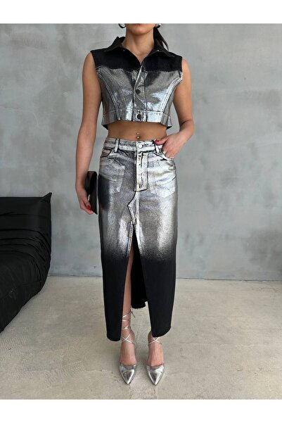 GAMZE ALPTEKİN Set vestă din denim cu frunze argintii și fustă din denim cu f...