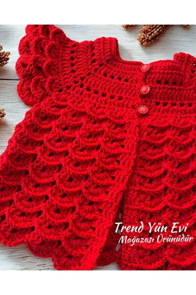 TrendYünEvi El Örgüsü Kırmızı Kız Bebek Yelek (6 ay-1 yaş)