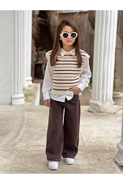 DUDOR KİDS Girls' Denim Pants-Shirt-Sweater Triple Set-Holiday-Style