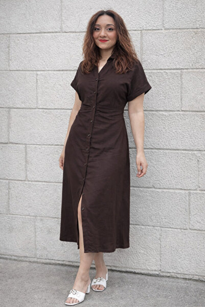 Modontik KETEN KUMAŞ BEL BÜZGÜLÜ GÖMLEK ELBİSE ZA.RA MODEL