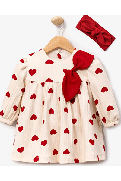 minicayzen Kız Bebek Büyük Kalpli Bandanalı 2li Natural Elbise
