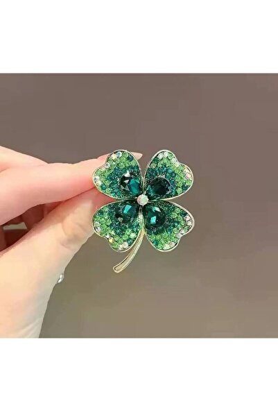 ESJ Kristal Zirkon Yeşil Taş Yonca Kadın Broş Ebat: 3,5*4 Cm
