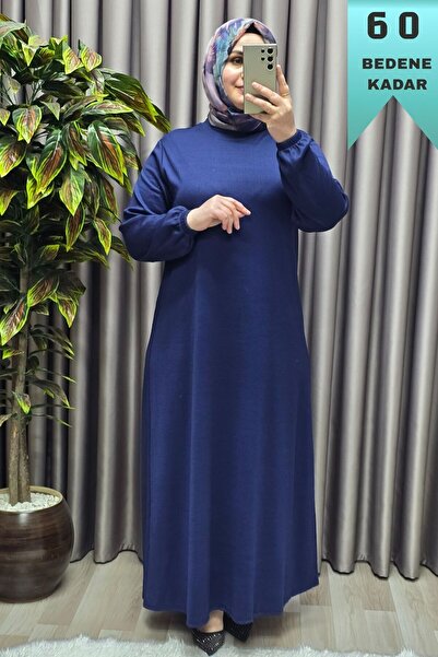 Elmas Tesettür Kadın Büyük Beden Hakim Yaka Kolları Büzgülü Fitilli Nevra Elbise