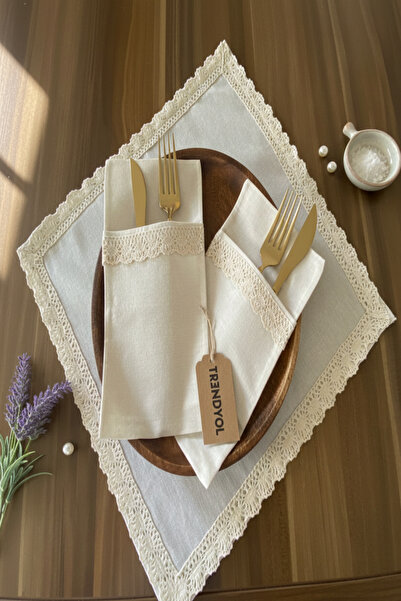zarafet concept 6Adet Ham Keten Naturel Dantel Detaylı Peçete 40x40