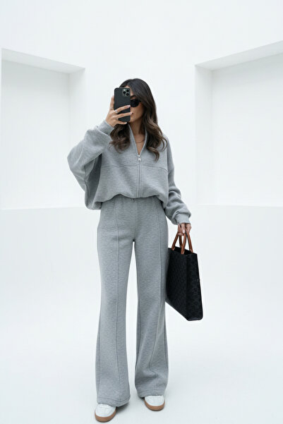 Runades Women's Trend Flared Ç piped Bomber Zippered Tracksuit Set