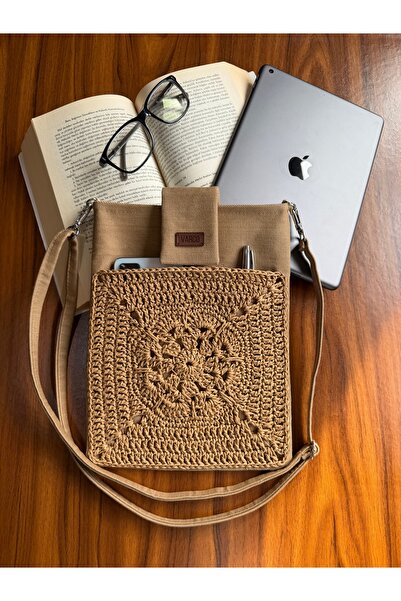 AKSESUARSEPETİ El Yapımı Cepli, Ayarlanabilir Askılı, Kağıt İp, Kitap Çantası...