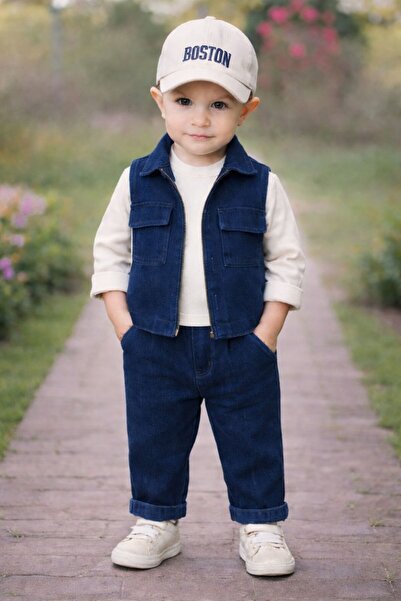 Babexi Boston Yelekli Şapkalı Oversize Sweatshirt Likralı Kot Erkek Bebek Takım