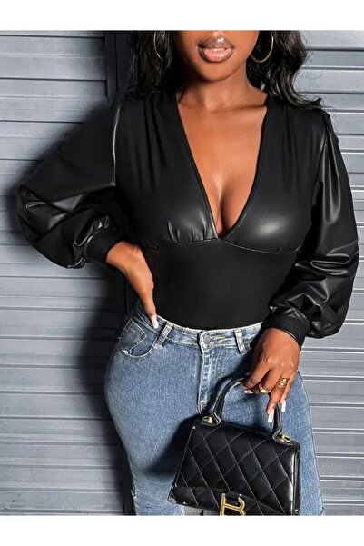 Kanonik Education Women's Long Sleeve Deep V Neck Leather Bodysuit