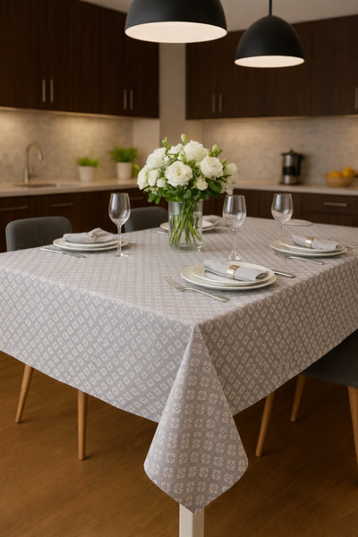 Rona Home Gri Geometrik Desenli Masa Örtüsü - Kaliteli Pamuklu Kumaş, Leke Tu...