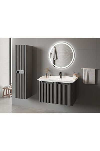 ROSEART BANYO ROSEROUND ANTRASİT 80CM BANYO DOLABI SETİ AYNA + LAVABO + ALT M...