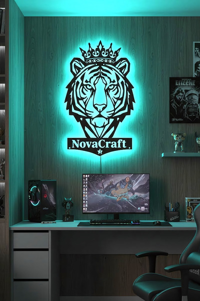 novacraft Kral Kaplan Temalı Kişiye Özel RGB LED Işıklı Metal Duvar Tablosu U...