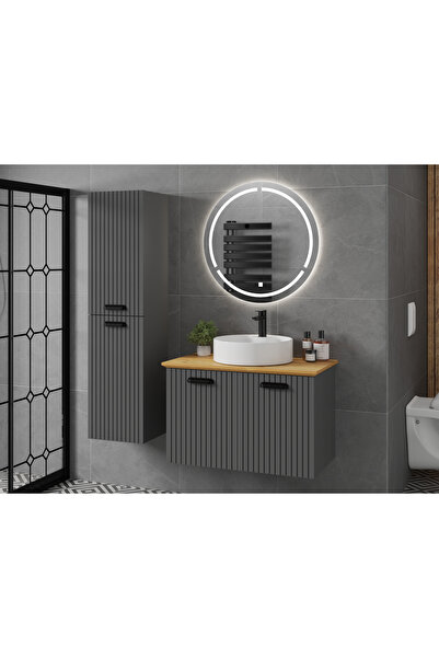 ROSEART BANYO ROSEHERO ANTRASİT 80CM BANYO DOLABI SETİ AYNA + SERAMİK LAVABO ...
