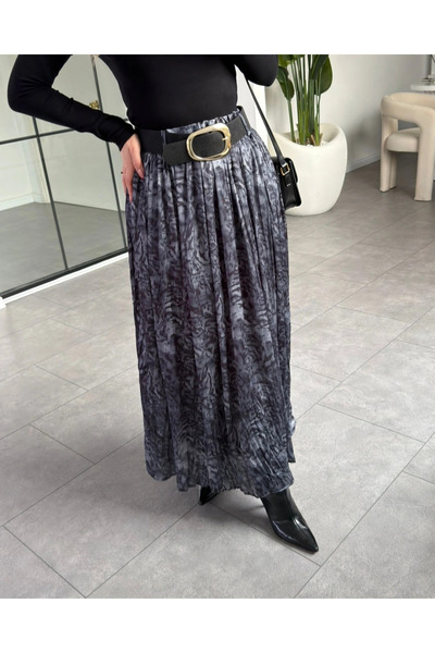 My Blog Smoked Patterned Pleated Skirt with Elastic Waist - 3375