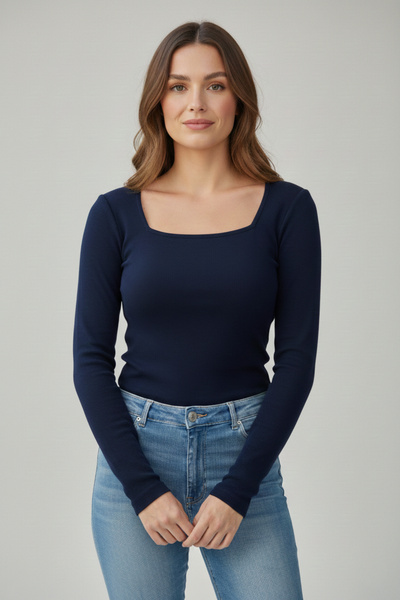 CHEISU Tricou de damă bleumarin - mânecă lungă, gât pătrat, bluză cu nervuri ...