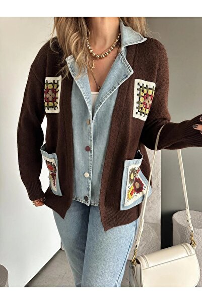 Lavanta Tekstil Cardigan with Embroidered Pockets and Denim Detail