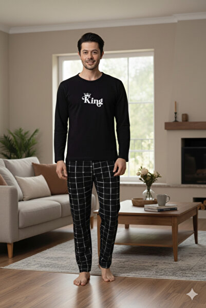 HAYAL HOME WEAR King Queen Baskılı Sevgili Kombini Alt Üst Pijama Takımı - ERKEK