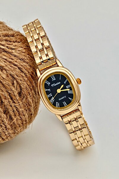 Marlas Retro Women's Wristwatch, Black Dial, Minimal Design, Golden Yellow Ca...