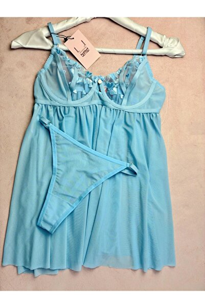 Sentientiss Vita - Kalp Desenli Balenli B Cup Mavi Babydoll Takımı