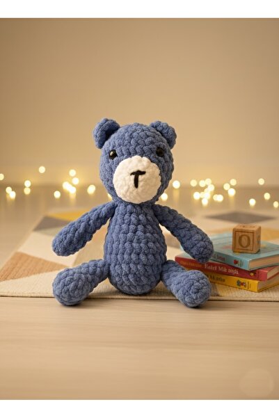 TOMRİSTORE Fozzie Amigurumi El Örmesi Yumuşak Peluş Ayıcık Oyuncak 23 cm Mavi
