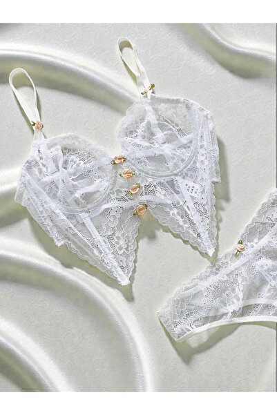 Pransa Beyaz Dantelli Çiçekli Büstiyer Takım Gelinlik İç Çamaşırı