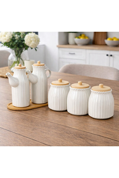 Kitchen Pembelia 6 Parça Bambu Standlı Papatya Porselen 2 li Yağdanlık Ve 3 l...