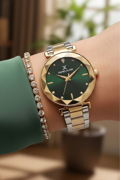 Daniel Klein Yeni Model Altın/Metalik Yeşil Kadranlı Kesme Camlı Kadın Kol Sa...