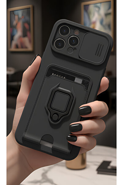 TechTrove iPhone 12 Pro Kılıf Kamera Koruma Sürgülü Kartvizitli Kartlıklı Sta...