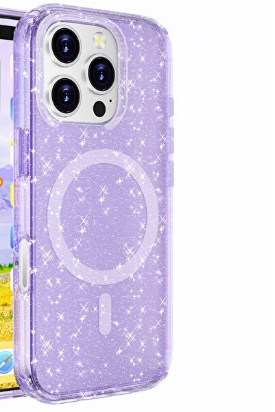 Hatreds Apple iPhone 16 Pro Max Kılıf Magsafe Özellikli Parlayan Simli Saydam...