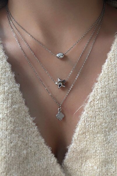 stravis طقم قلادة من 3 قطع متعددة الأشكال باللون الفضي