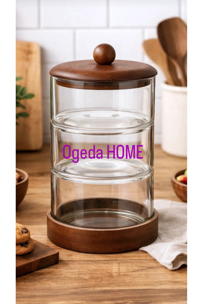 MİEN 3’lü Cam Saklama Kabı Seti Akasya Kapaklı – Katlı Düzenleyici, Mutfak Gı...