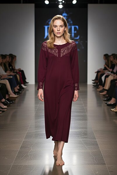 Aydoğan قميص نوم نسائي من الدانتيل باللون العنابي بأكمام طويلة - 6023