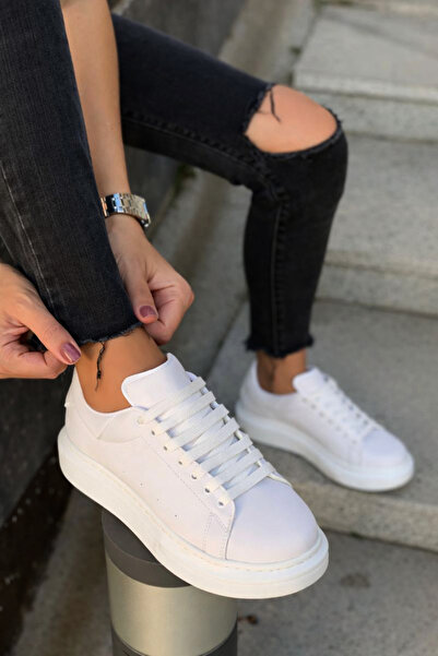 Scarpebutik Quen Trend Pantofi sport unisex cu talpă înaltă cusută, albi – Pa...