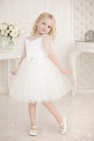 TREEMASS Abiye Kız çocuk Elbisesi Tüllü Saten İncili Düğün ve Doğum Günü